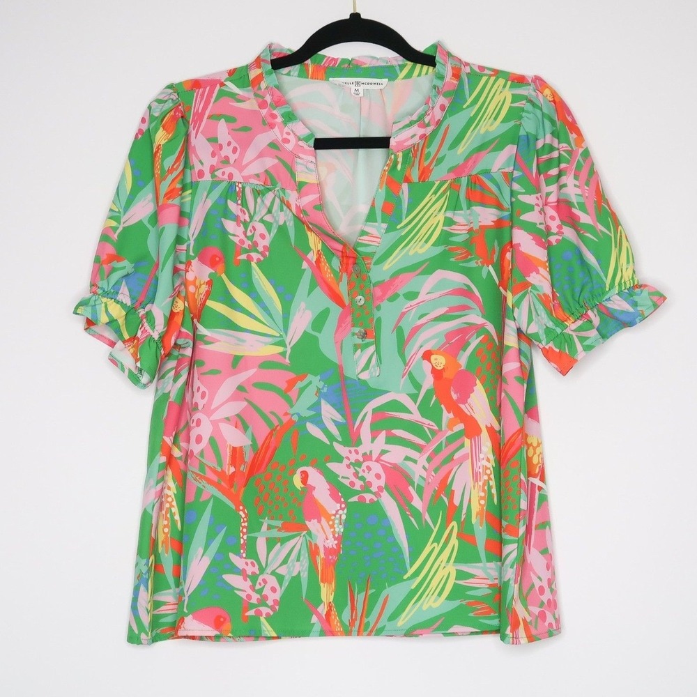 Michelle‎ McDowell Womens Knit Top Medium Green Pink Popover Tropical Vacation